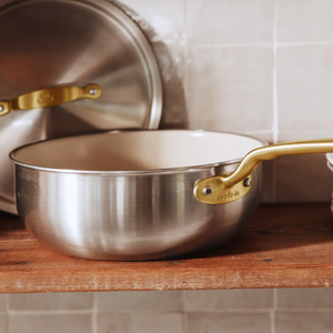 Made In CeramiClad Saucier W/ Lid and Antique Brass Handle - 3 QT