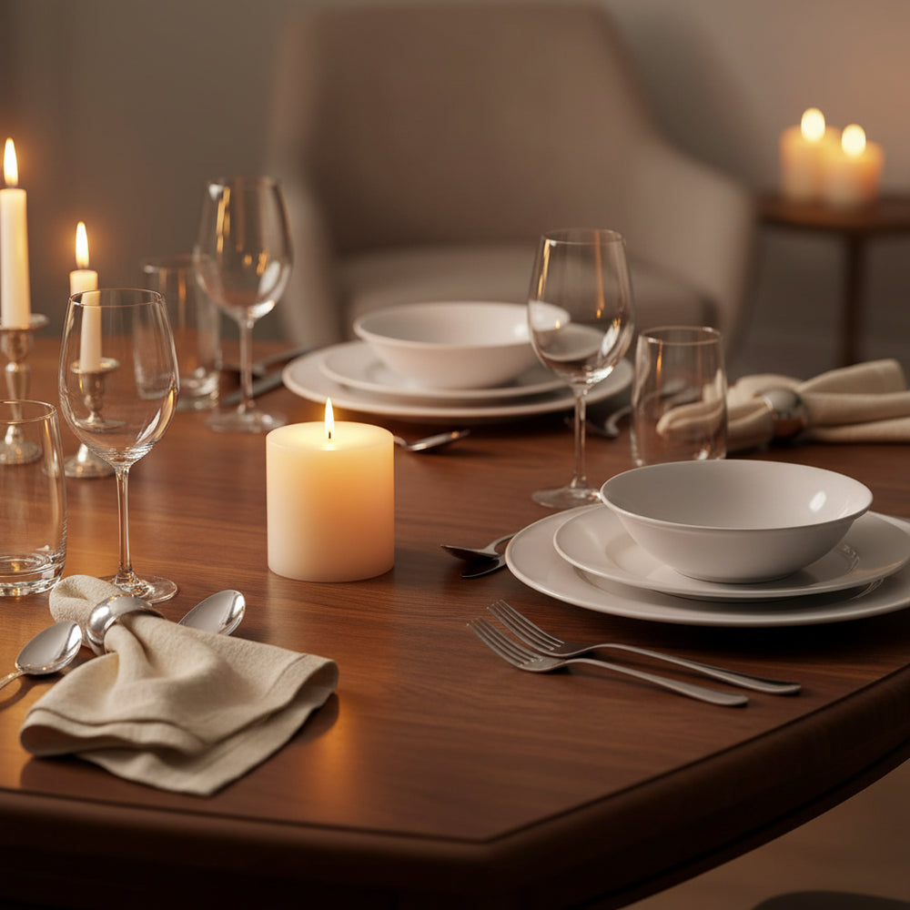 A single cream-colored pillar candle with a natural wick, standing upright on a neutral light gray background.