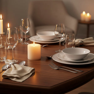 A single cream-colored pillar candle with a natural wick, standing upright on a neutral light gray background.