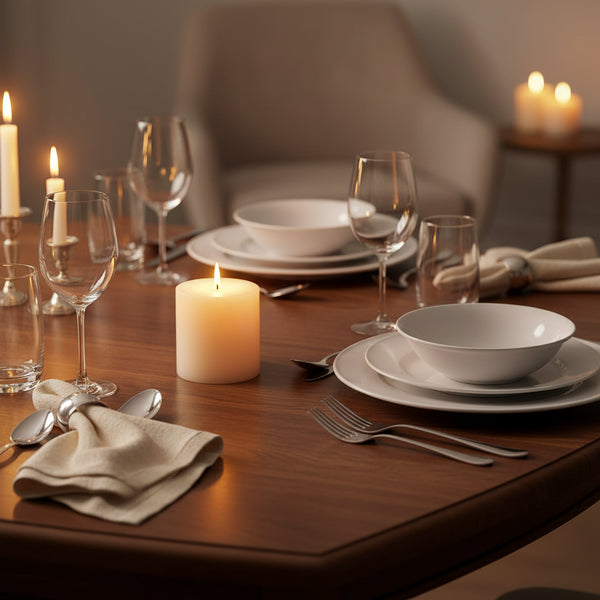A single cream-colored pillar candle with a natural wick, standing upright on a neutral light gray background.