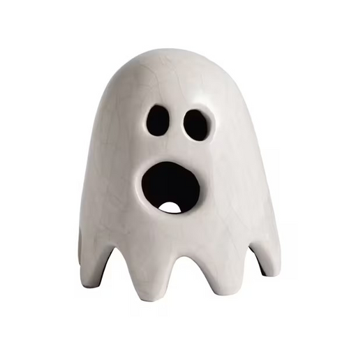 White ghost-shaped object with black eyes and mouth on a white background