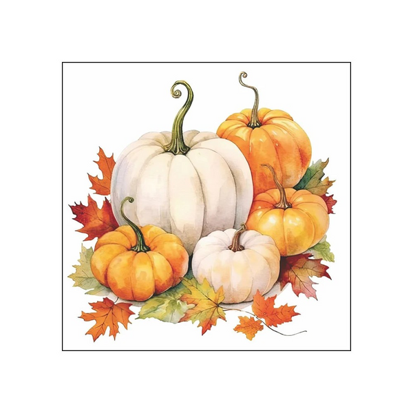 A watercolor-style autumn pumpkin cocktail beverage napkin featuring several pumpkins in white and orange tones with scattered orange and green leaves, centered on a white background with a thin square border.