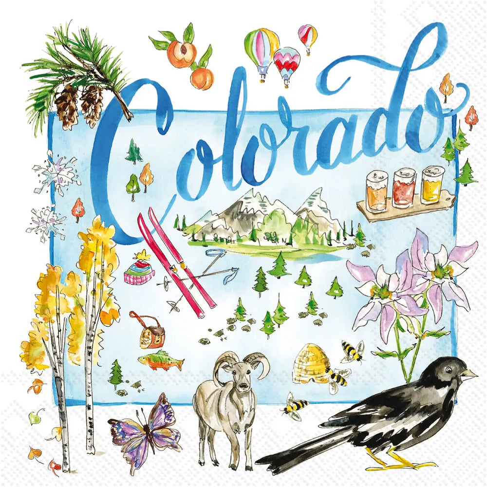 A square watercolor-style Colorado travel illustration with the word Colorado in large blue script, surrounded by autumn and mountain motifs including pine branches, hot air balloons, skis, mountains, flowers, bees, a ram, a bird, butterflies, and small seasonal icons on a white background.