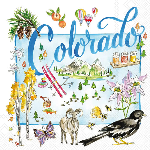 A square watercolor-style Colorado travel illustration with the word Colorado in large blue script, surrounded by autumn and mountain motifs including pine branches, hot air balloons, skis, mountains, flowers, bees, a ram, a bird, butterflies, and small seasonal icons on a white background.