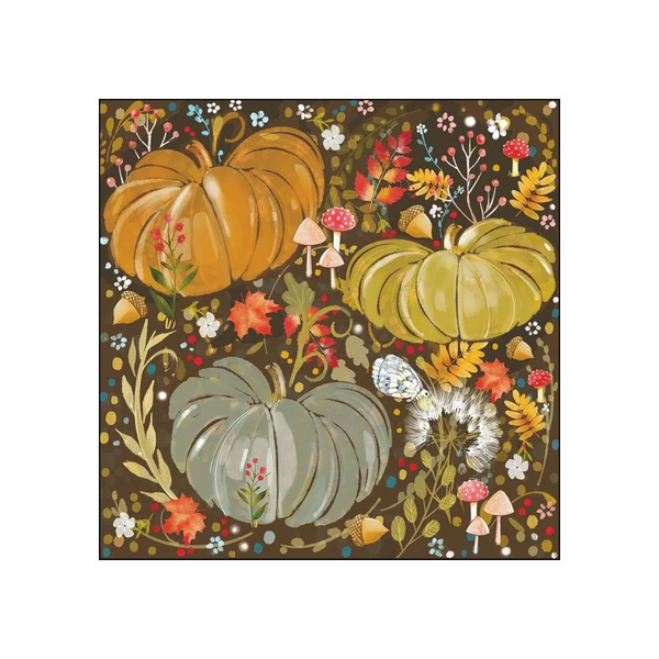 A cocktail napkin featuring an autumnal pattern with three pumpkins in orange, yellow-green, and muted gray-green, surrounded by colorful flowers, acorns, and mushrooms on a dark brown background.