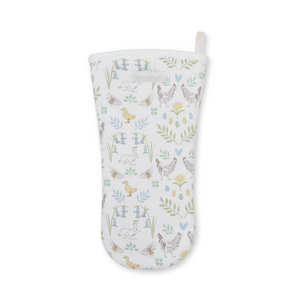 A white oven mitt featuring a delicate Spring themed print with chickens, rabbits, ducks, and floral motifs in soft pastel shades of blue, green, and yellow,