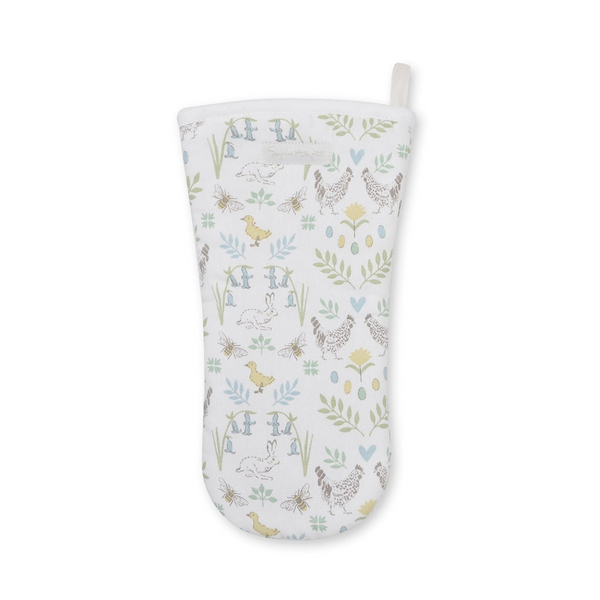 A white oven mitt featuring a delicate Spring themed print with chickens, rabbits, ducks, and floral motifs in soft pastel shades of blue, green, and yellow,