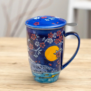 Fuji Mountain Design Tea Mug with Lid and Infuser For Loose Leaf Tea