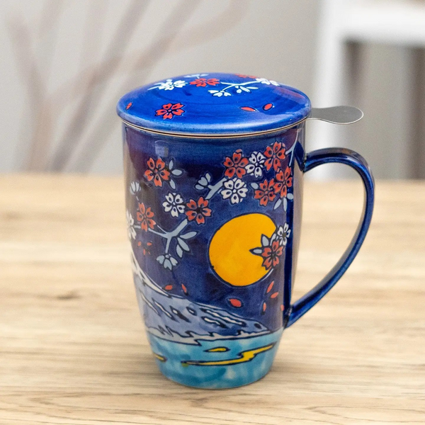 Fuji Mountain Design Tea Mug with Lid and Infuser For Loose Leaf Tea