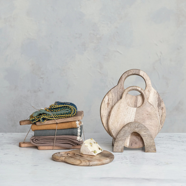 Artisan Mango Wood Serving Board Set with Handles & Stand - Includes 3 Boards & Stand