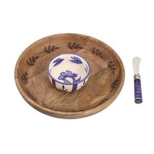 Wood Chip Bowl & Blue Floral Dip Set