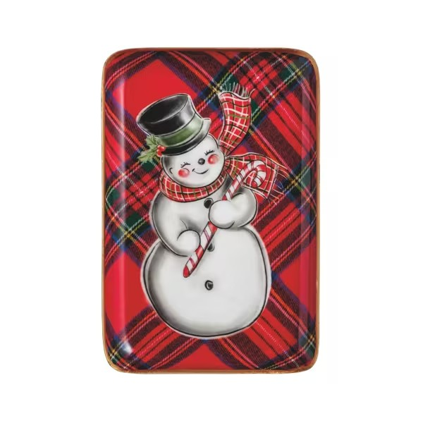 Snowman tartan tidbit tray with gold rim, enamel-coated iron, 6x4 inches