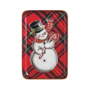 Snowman tartan tidbit tray with gold rim, enamel-coated iron, 6x4 inches