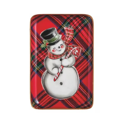 Snowman tartan tidbit tray with gold rim, enamel-coated iron, 6x4 inches