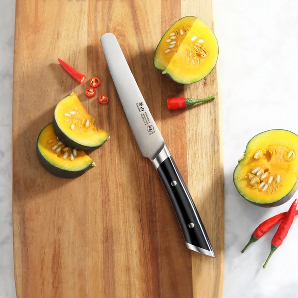 HELENA Series 5-Inch Round-Tip Serrated Utility with Sheath (German Steel) by Cangshan - Comes in White or Black