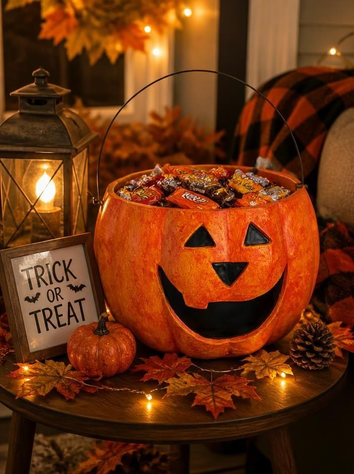 Two carved jack-o'-lantern candy baskets filled with Halloween treats sit on a dark wood floor against a white paneled wall with soft shadows.
