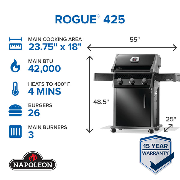 Napoleon Rogue 425 Black with SS Grids - Choose Propane or Natural Gas