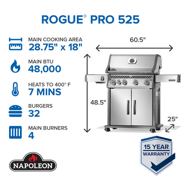 Rogue 525 Pro Stainless with Infrared Side Burner - Choose Propane or Natural Gas
