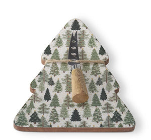 Evergreen Print Tree Platter with Cheese Knife