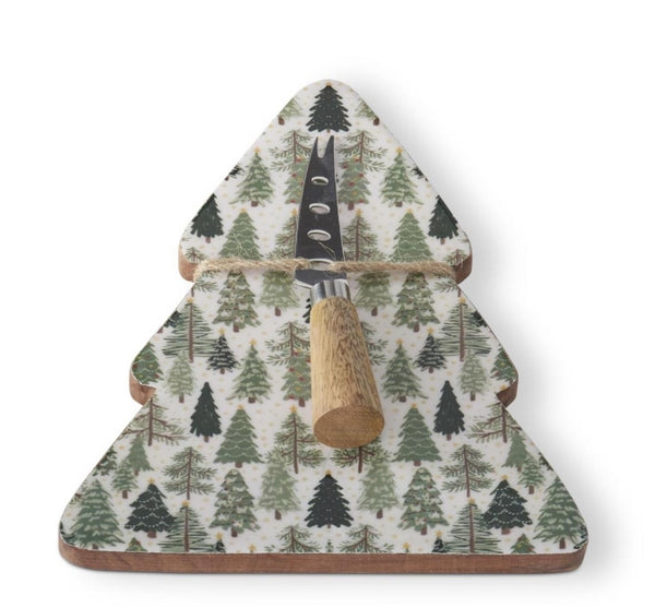 Evergreen Print Tree Platter with Cheese Knife