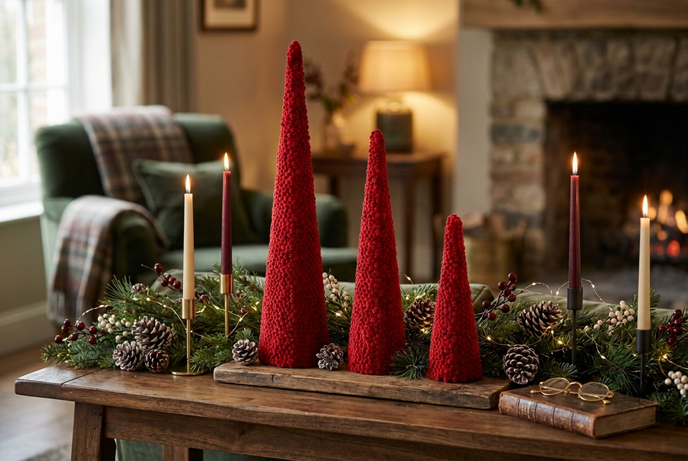 3 cone-shaped tree covered in frosted deep red berries