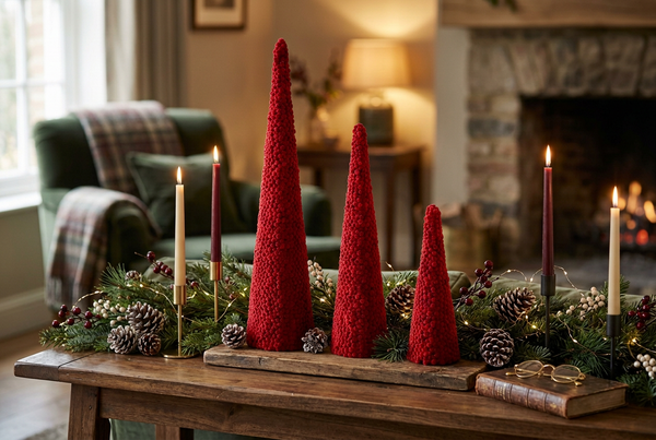 3 cone-shaped tree covered in frosted deep red berries