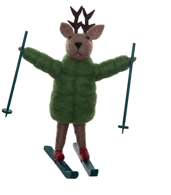 Skiing Reindeer in Green Puffer Coat Decor