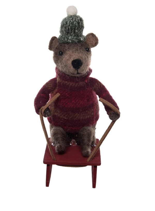 Felted Bear on Red Sled Christmas Decor