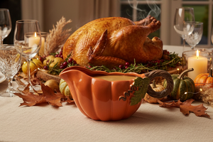 A beautifully set Thanksgiving table featuring a roasted turkey in a decorative wreath, an orange pumpkin-shaped gravy boat, autumn leaves, candles, and place settings, with a warm fireplace and window in the background.