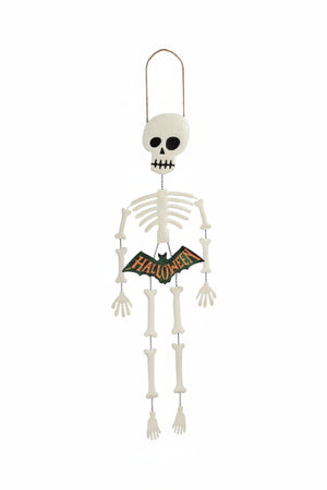 A hanging plastic skeleton Halloween decoration with a bat wing accessory and a 'HALLOWEEN' sign, shown on a plain white background with a 'Click to zoom' overlay at the bottom.