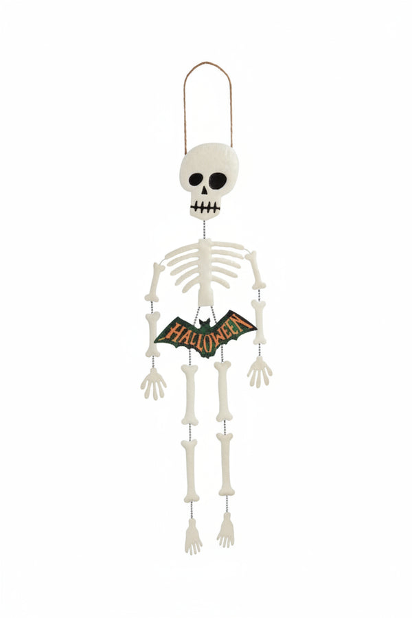 A hanging plastic skeleton Halloween decoration with a bat wing accessory and a 'HALLOWEEN' sign, shown on a plain white background with a 'Click to zoom' overlay at the bottom.