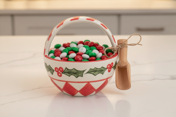 A ceramic Christmas-themed candy bowl filled with red, green, and white candy, featuring a red and white patterned base, green holly leaves, and a wooden scoop tied to the side, set on a white marble countertop.