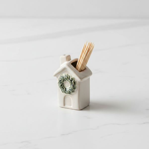 A small white ceramic house-shaped toothpick holder with a green wreath detail on the front, holding several wooden toothpicks, set on a light marble surface.