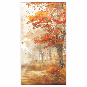 A guest towel depicting an autumn forest scene with orange and yellow leaves, falling leaves, and a misty path, shown against a white background.