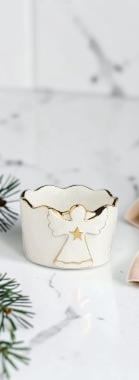 Aspen Kitchens Home+Gift stoneware angel tidbit bowl with hand-painted gold scalloped edge on marble surface