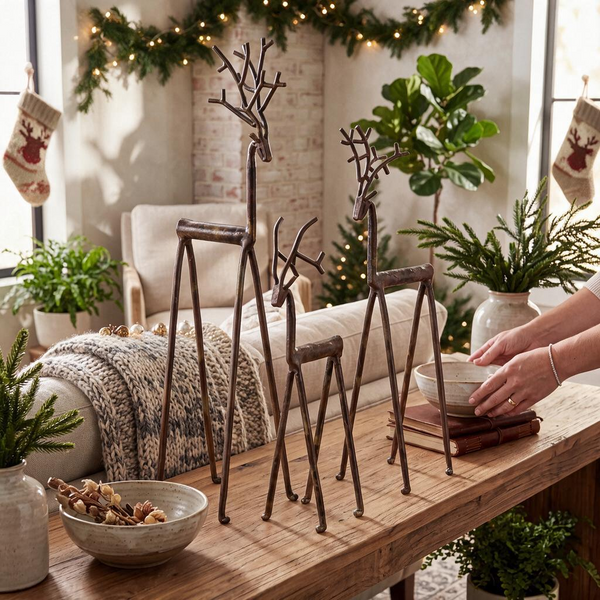 Aspen Kitchens Home+Gift set of three rustic bronze iron deer figurines with branch-like antlers on a wooden table.