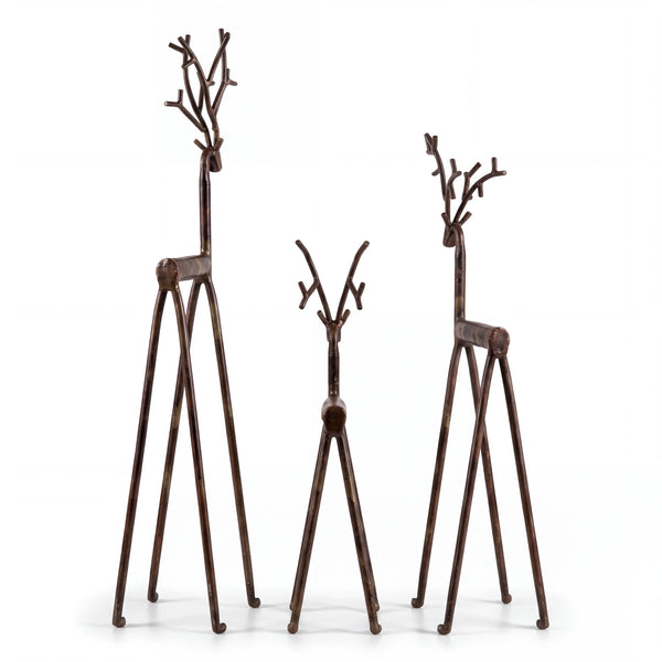 Aspen Kitchens Home+Gift set of three rustic bronze iron deer figurines with branch-like antlers on white background