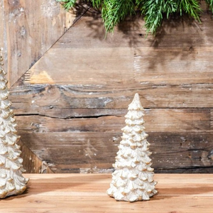 Aspen Kitchens Home+Gift frosted gold resin tabletop Christmas tree with textured pinecone design on wooden surface