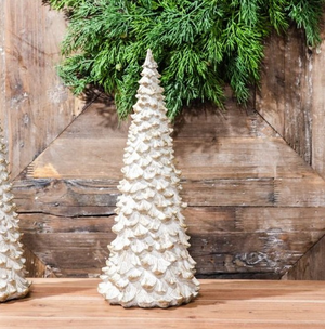 Aspen Kitchens Home+Gift frosted gold resin tabletop Christmas tree with textured pinecone design on wooden surface
