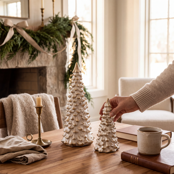 Aspen Kitchens Home+Gift frosted gold resin tabletop trees with textured pinecone design on a wooden dining table
