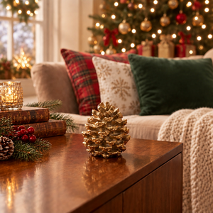 Aspen Kitchens Home+Gift shimmering gold pinecone decor on a wooden table with festive Christmas living room background