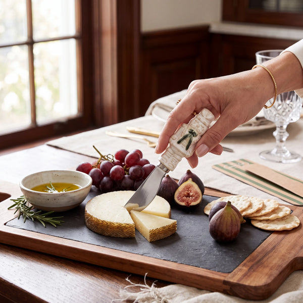 Aspen Kitchens Home+Gift nutcracker ceramic spreader cutting cheese on a slate board with figs and crackers