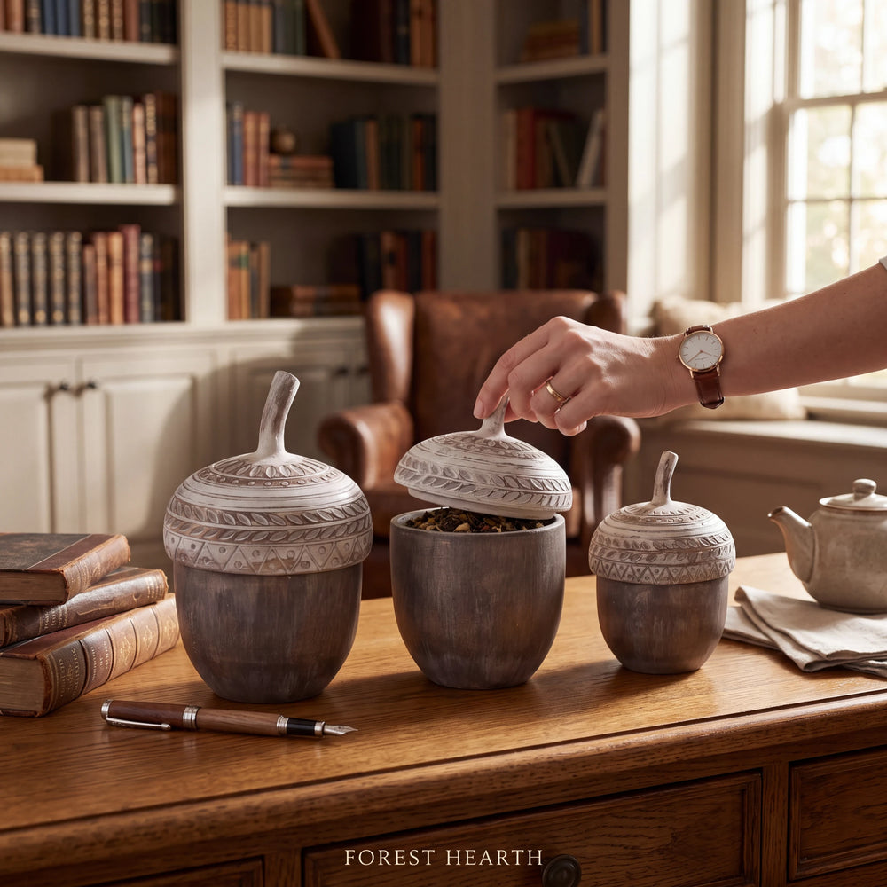 Aspen Kitchens Home+Gift resin acorn containers with whitewashed lids in three sizes on a wooden desk