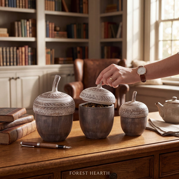 Aspen Kitchens Home+Gift resin acorn containers with whitewashed lids in three sizes on a wooden desk