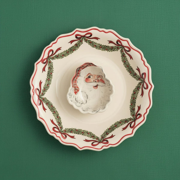 Aspen Kitchens Home+Gift stoneware Santa chip and dip set with festive hand-painted garland and ribbon rim detail.