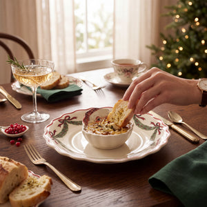 Aspen Kitchens Home+Gift stoneware Santa chip and dip set with hand-painted festive rim on a wooden dining table