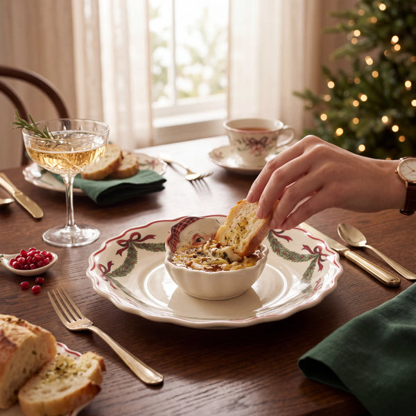 Aspen Kitchens Home+Gift stoneware Santa chip and dip set with hand-painted festive rim on a wooden dining table
