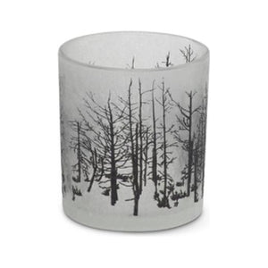 Small frosted glass container with a black winter tree silhouette design.