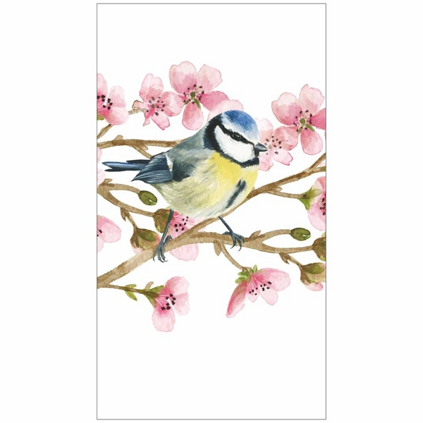 A guest towel featuring Bird perched on a branch with pink flowers on a white background