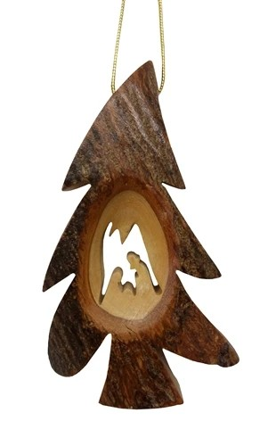 Olive Wood Bark Tree Ornament with Nativity